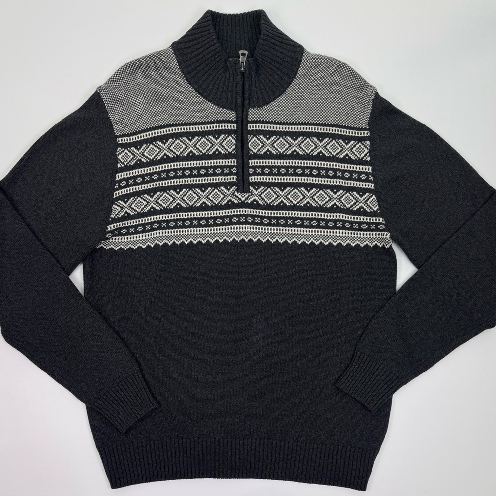 Original Weatherproof Vintage Men's Charcoal and White Zip Up Sweater Medium
